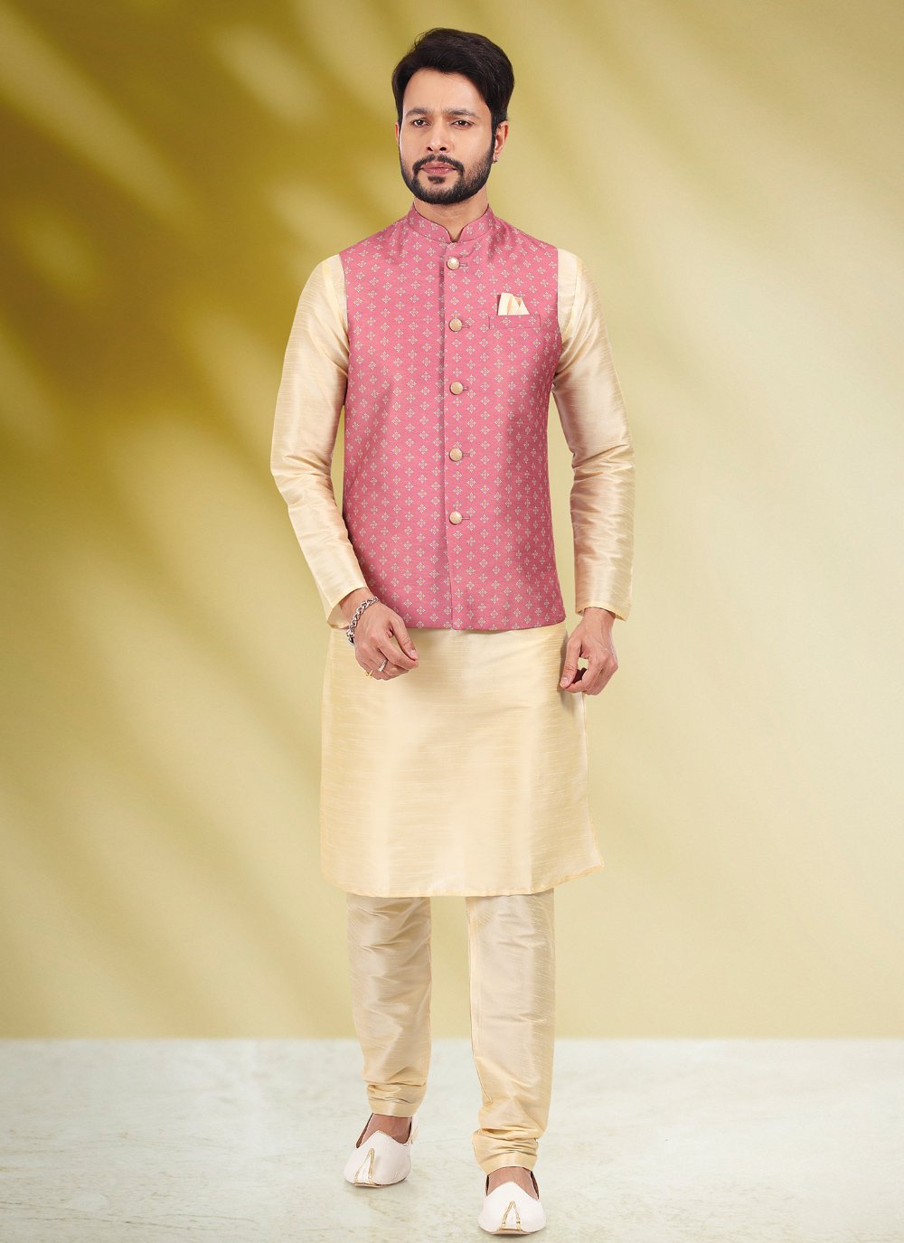 Kurta Payjama With Jacket Banarasi Silk Cream Pink Print Mens