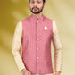 Kurta Payjama With Jacket Banarasi Silk Cream Pink Print Mens