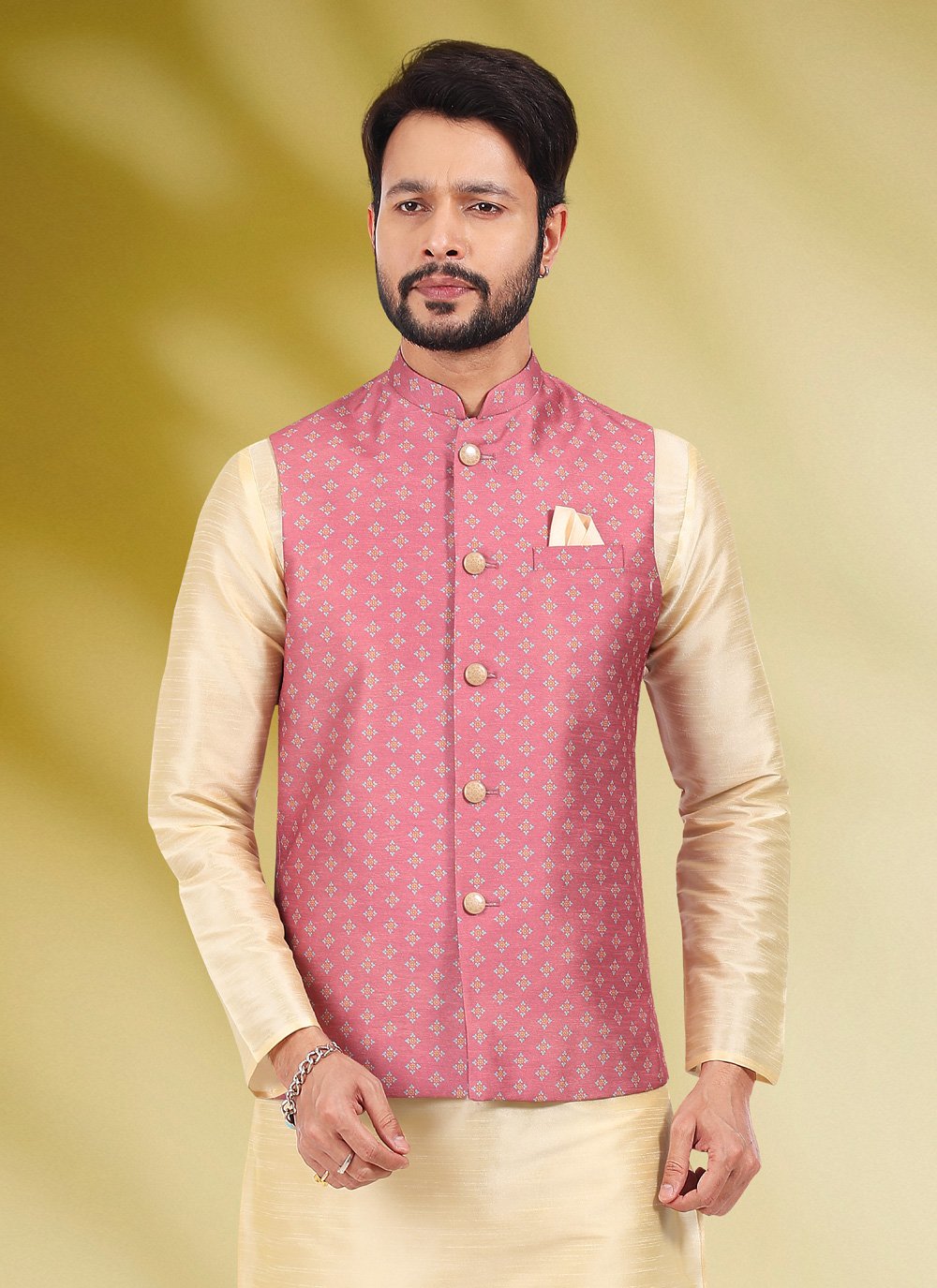 Kurta Payjama With Jacket Banarasi Silk Cream Pink Print Mens