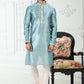 Kurta Pyjama Banarasi Silk Blue Digital Print Mens