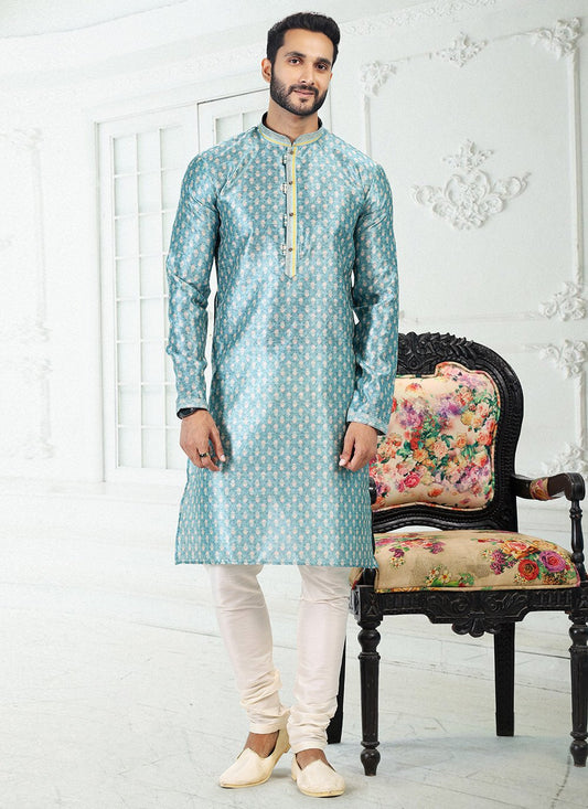 Kurta Pyjama Banarasi Silk Blue Digital Print Mens