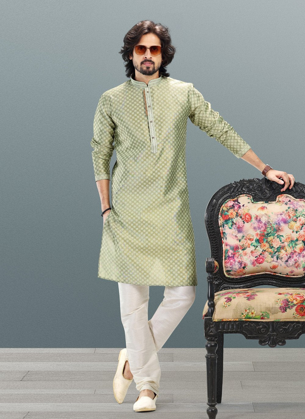 Kurta Pyjama Banarasi Silk Jacquard Green Fancy Work Mens