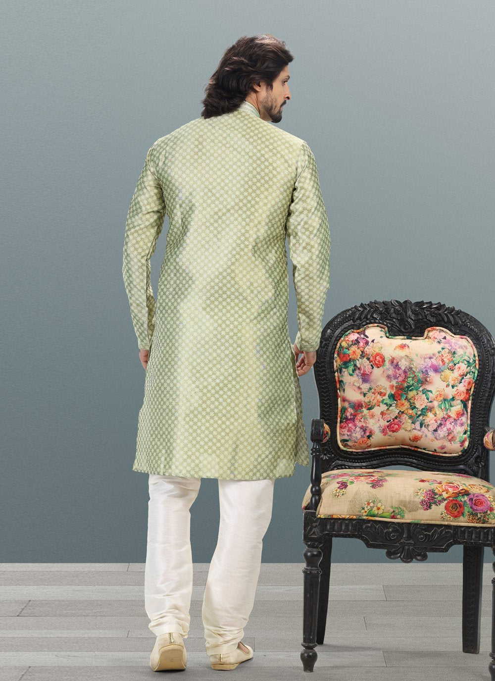 Kurta Pyjama Banarasi Silk Jacquard Green Fancy Work Mens