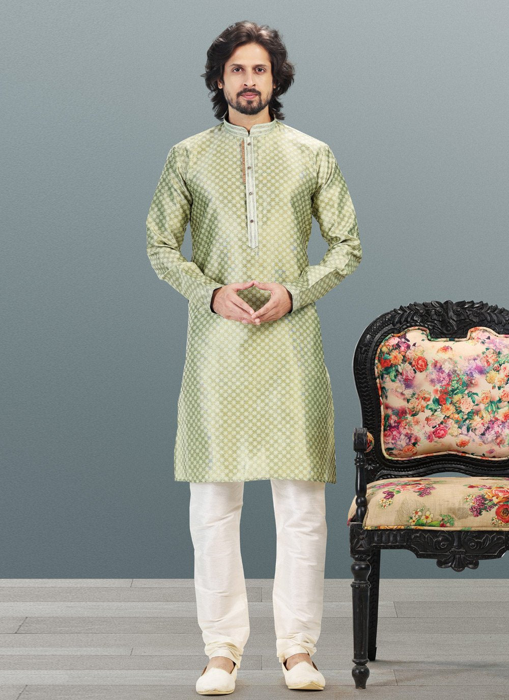 Kurta Pyjama Banarasi Silk Jacquard Green Fancy Work Mens