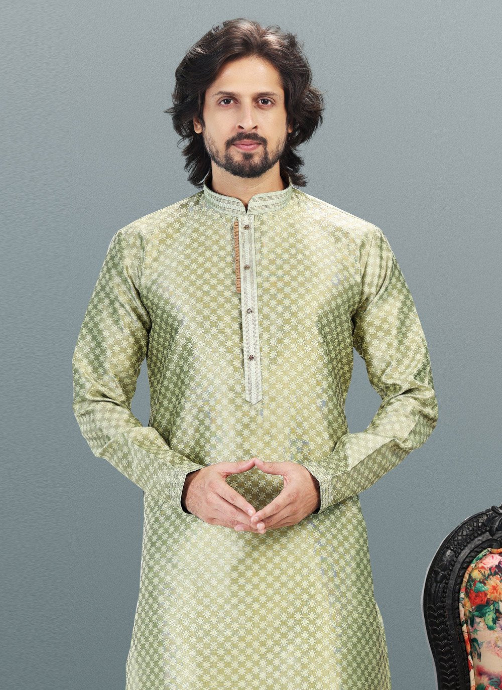 Kurta Pyjama Banarasi Silk Jacquard Green Fancy Work Mens