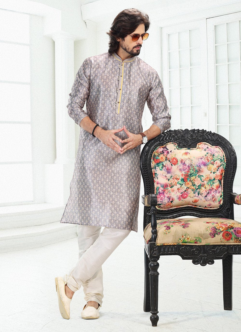 Kurta Pyjama Banarasi Silk Grey Digital Print Mens