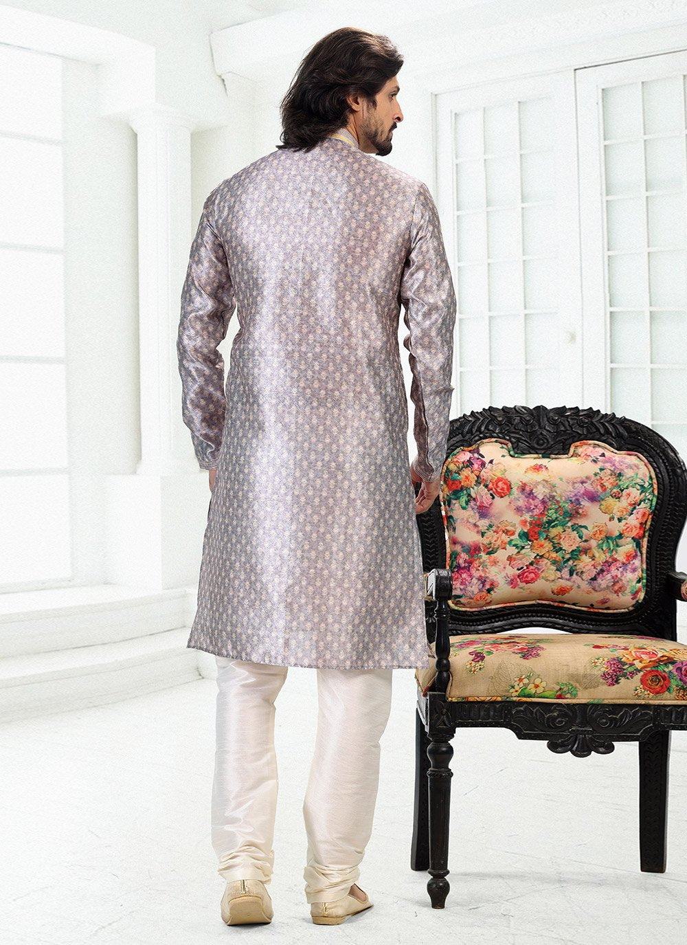 Kurta Pyjama Banarasi Silk Grey Digital Print Mens