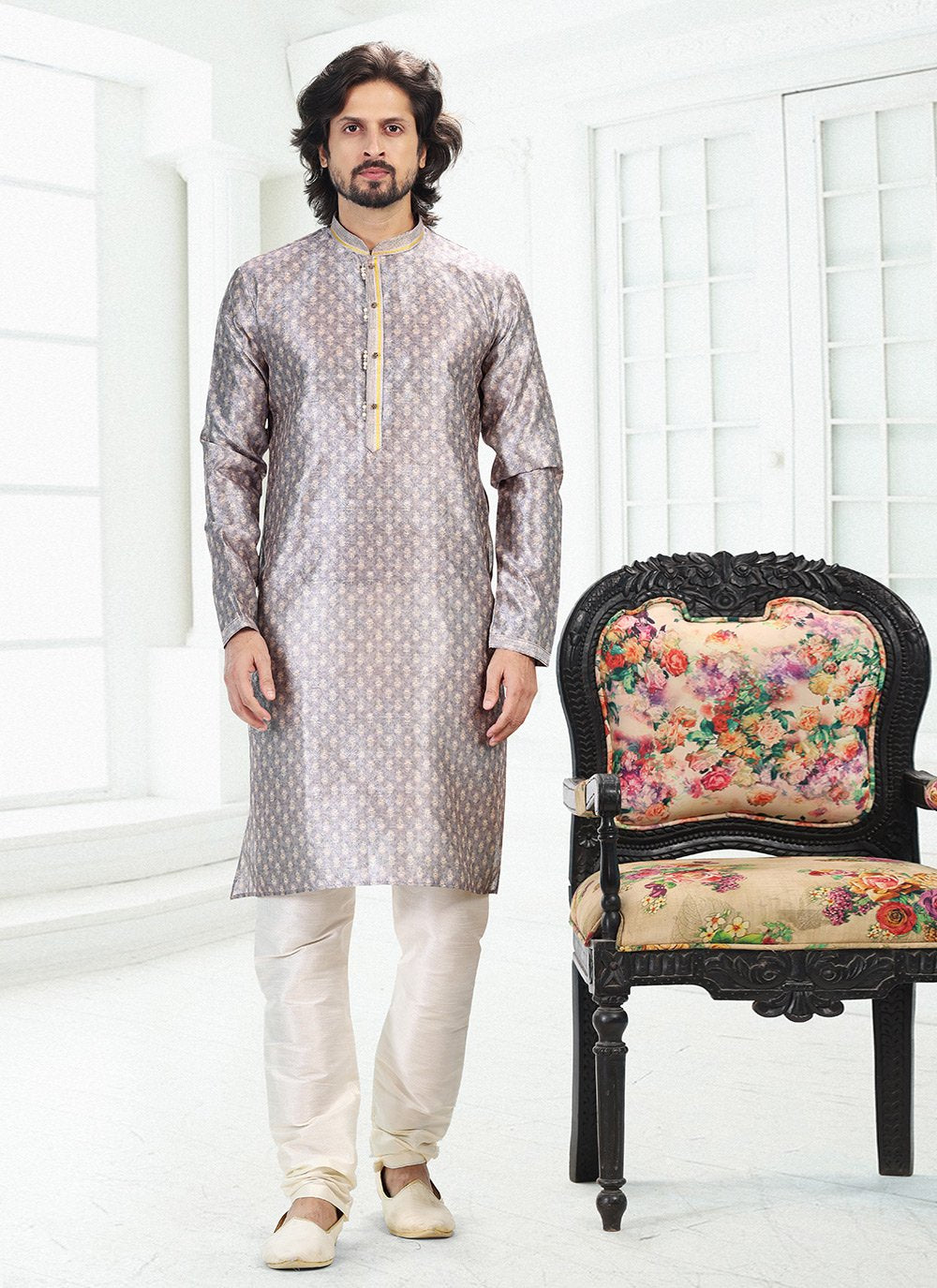 Kurta Pyjama Banarasi Silk Grey Digital Print Mens