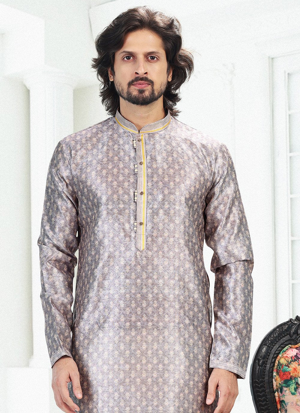 Kurta Pyjama Banarasi Silk Grey Digital Print Mens