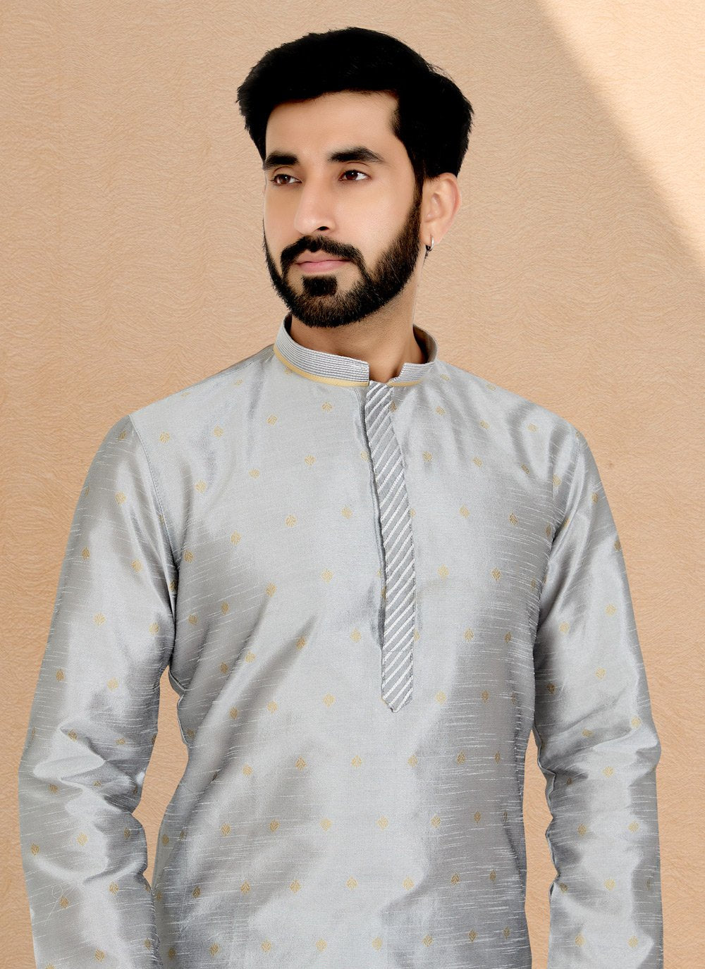 Kurta Pyjama Banarasi Silk Jacquard Grey Jacquard Work Mens