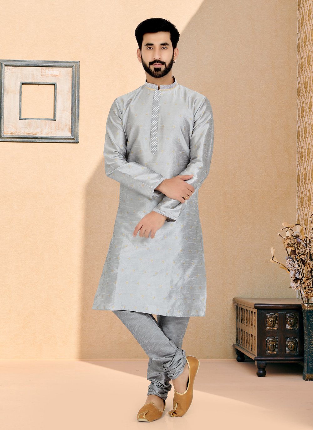 Kurta Pyjama Banarasi Silk Jacquard Grey Jacquard Work Mens