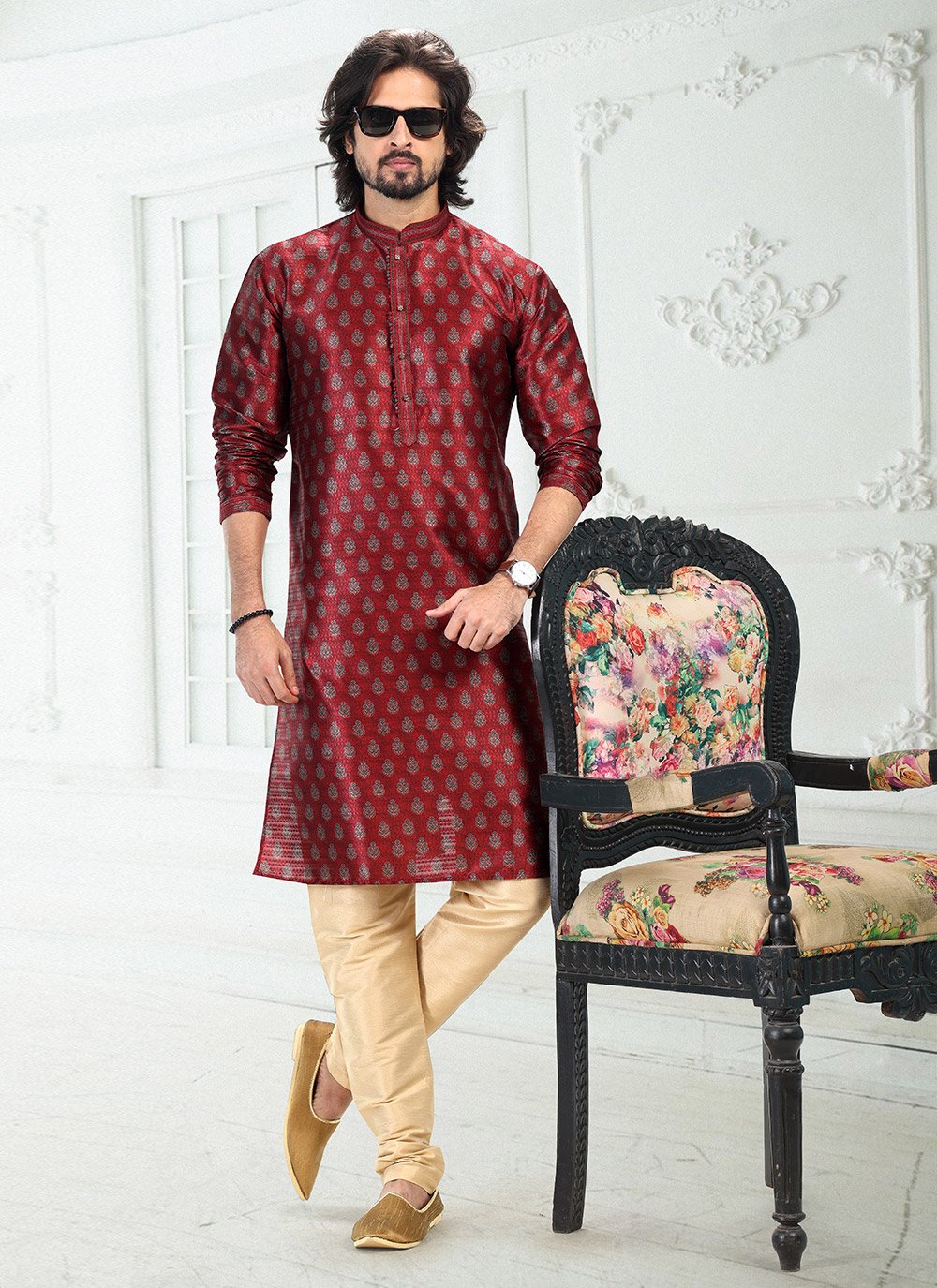 Kurta Pyjama Banarasi Silk Maroon Digital Print Mens