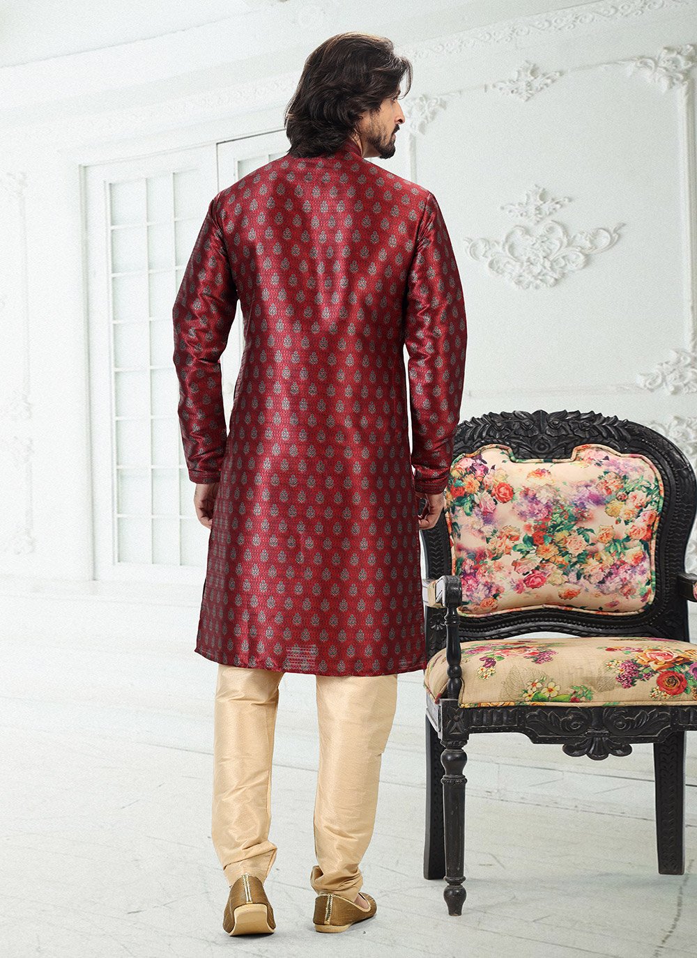 Kurta Pyjama Banarasi Silk Maroon Digital Print Mens