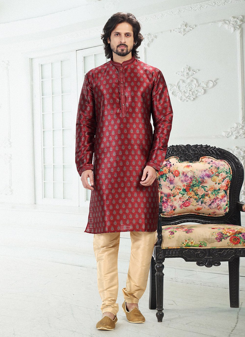 Kurta Pyjama Banarasi Silk Maroon Digital Print Mens