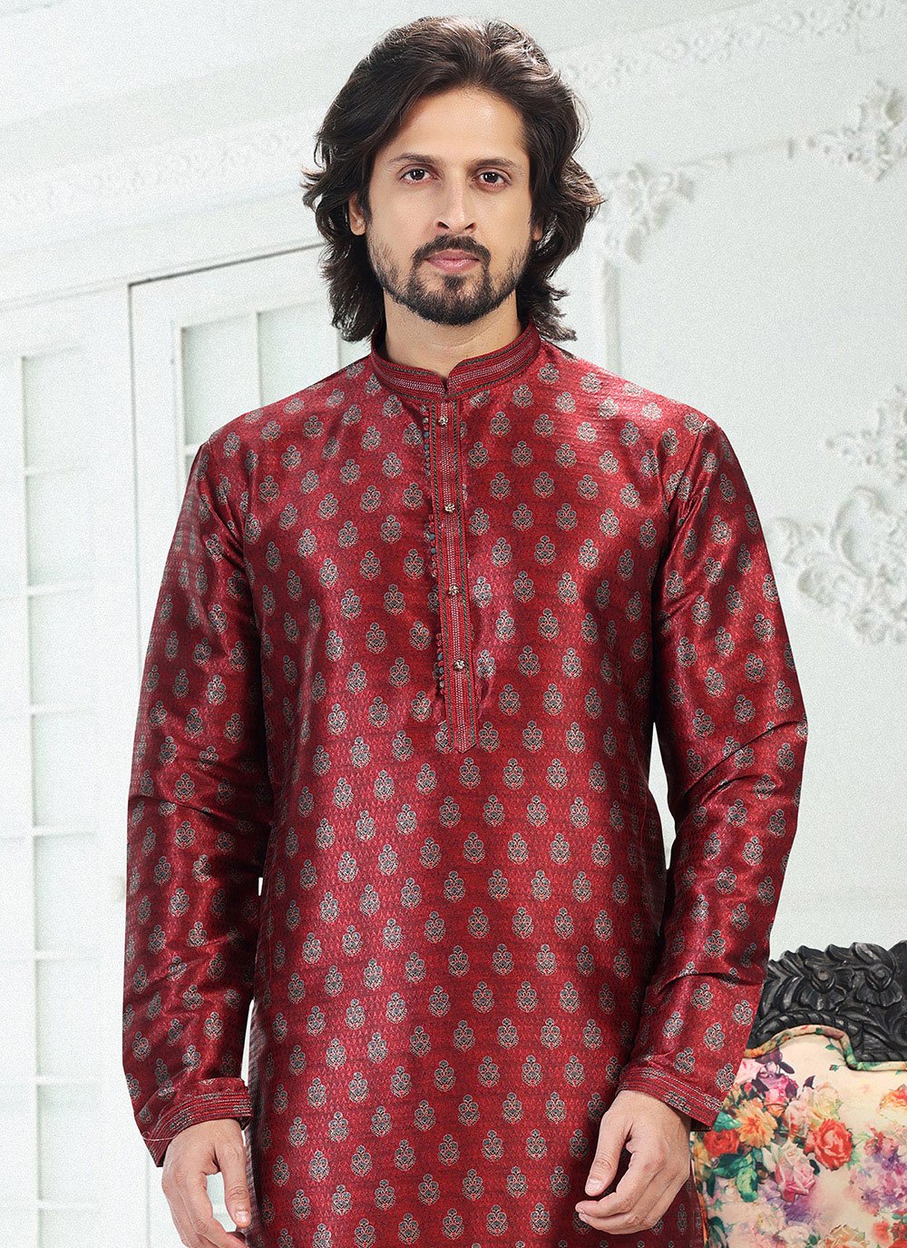 Kurta Pyjama Banarasi Silk Maroon Digital Print Mens