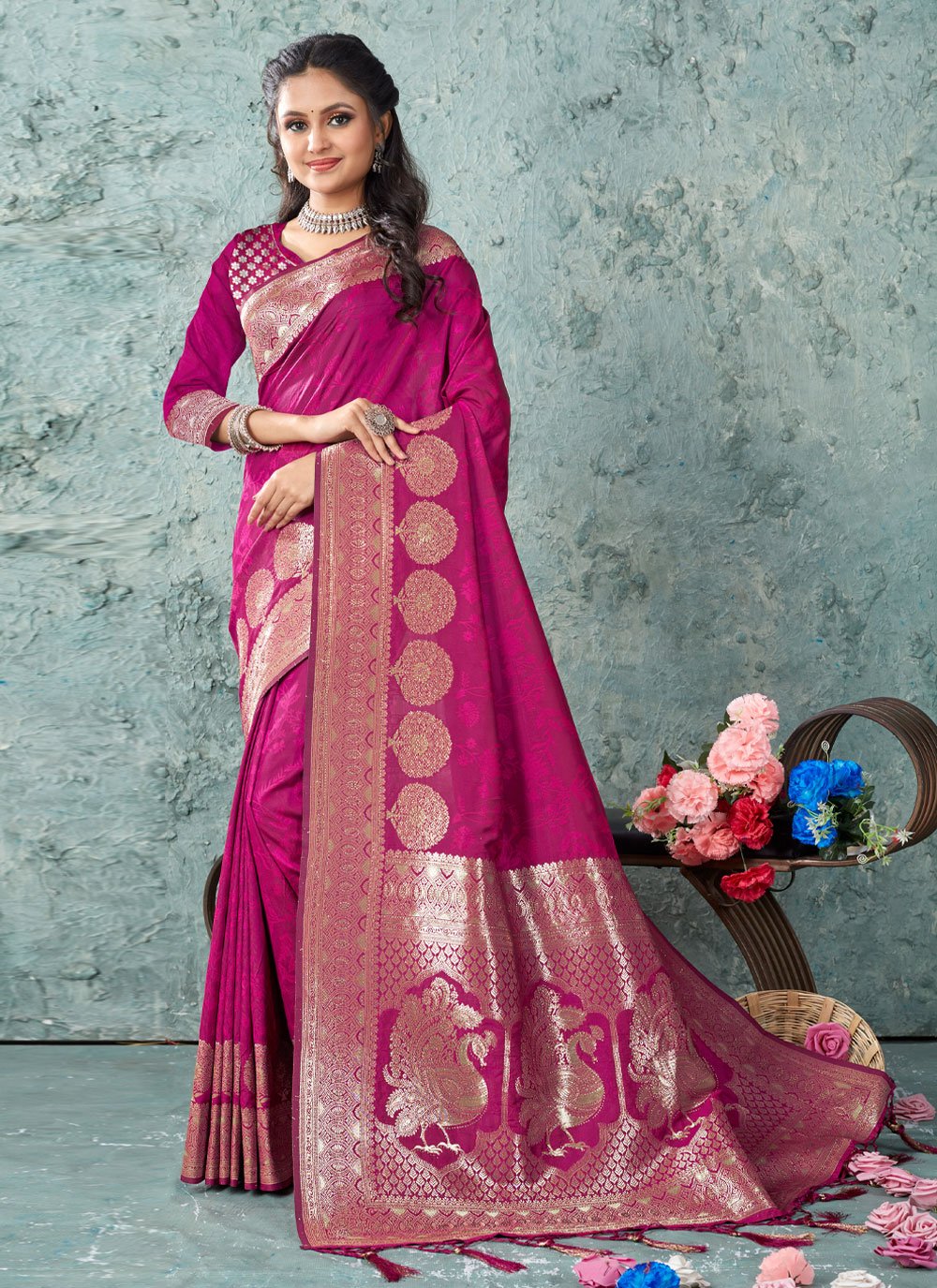 Traditional Saree Banarasi Silk Magenta Foil Print Saree