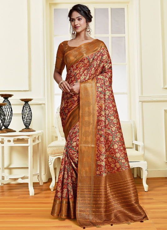 Contemporary Banarasi Silk Tussar Silk Maroon Digital Print Saree