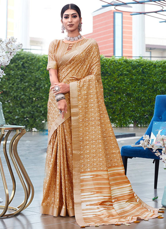 Contemporary Banarasi Silk Mustard Digital Print Saree