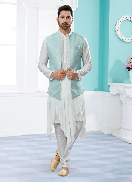 Indo Western Banarasi Silk Dupion Silk Off White Turquoise Jacquard Work Mens