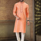 Kurta Pyjama Banarasi Silk Jacquard Orange Fancy Work Mens