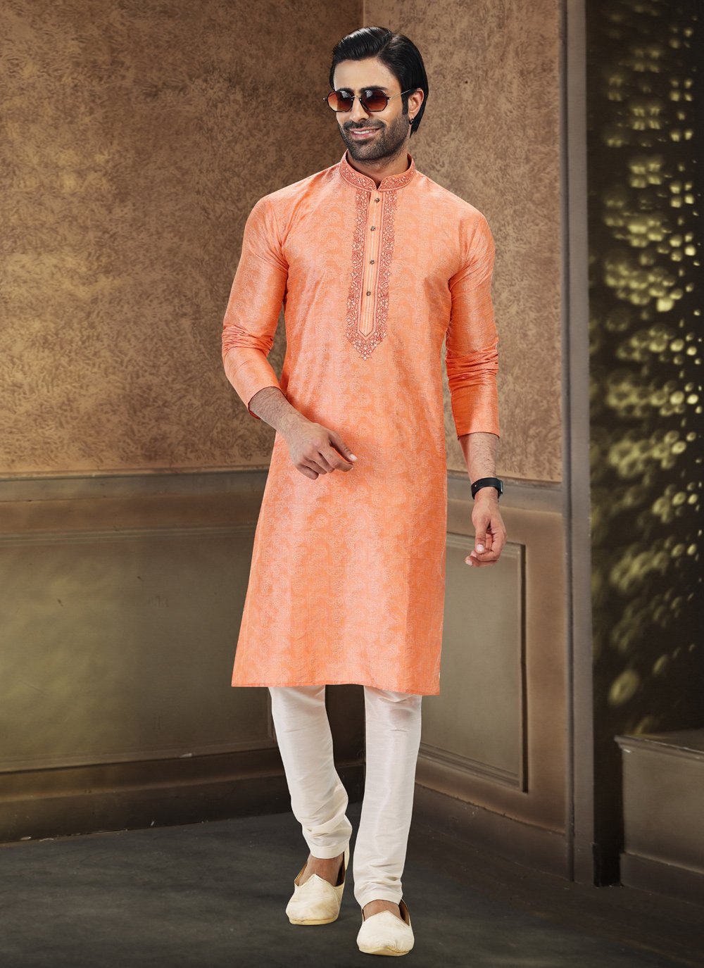 Kurta Pyjama Banarasi Silk Jacquard Orange Fancy Work Mens
