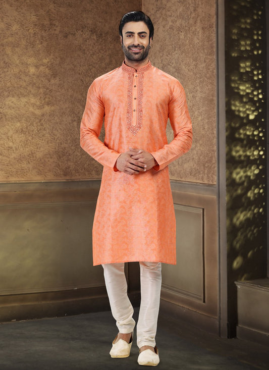 Kurta Pyjama Banarasi Silk Jacquard Orange Fancy Work Mens