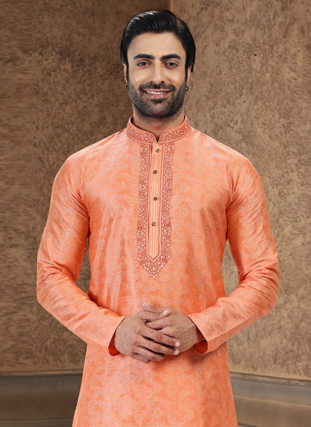 Kurta Pyjama Banarasi Silk Jacquard Orange Fancy Work Mens