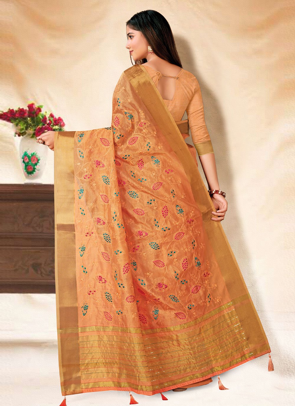 Trendy Saree Banarasi Silk Orange Embroidered Saree