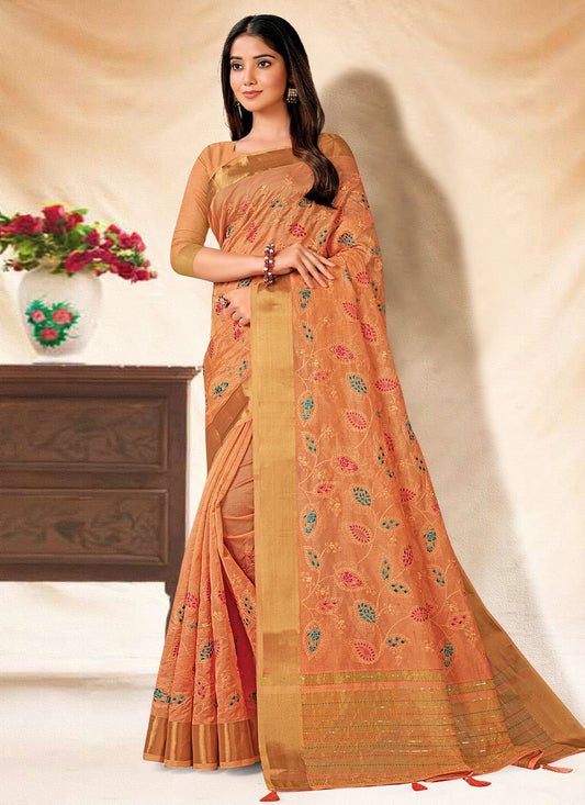 Trendy Saree Banarasi Silk Orange Embroidered Saree