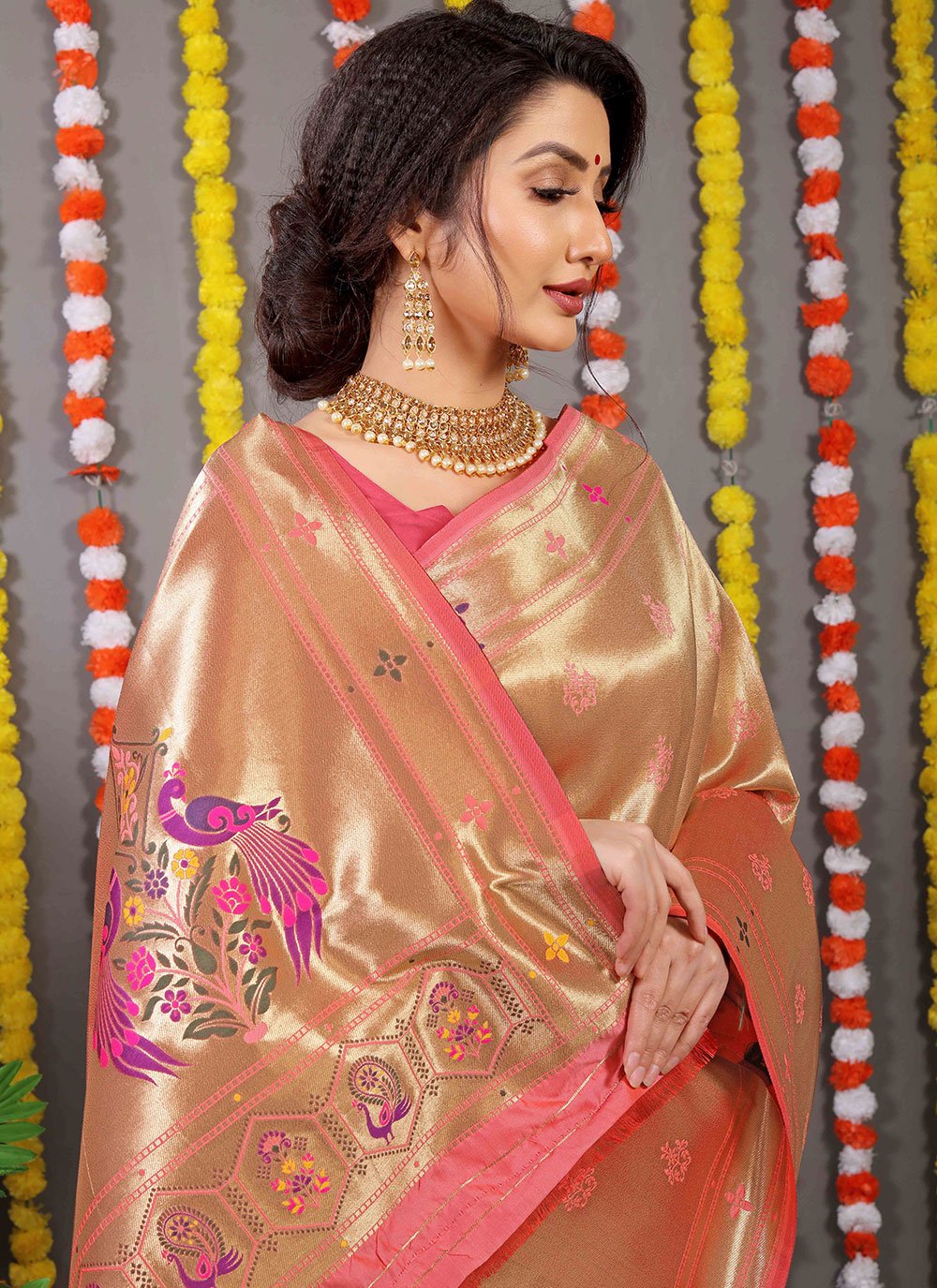 Contemporary Banarasi Silk Peach Weaving Saree