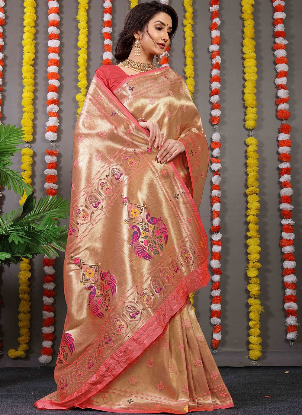 Contemporary Banarasi Silk Peach Weaving Saree