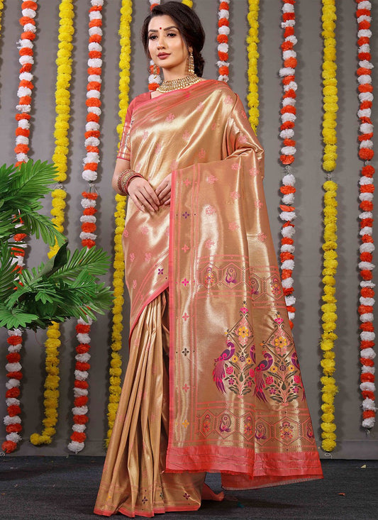 Contemporary Banarasi Silk Peach Weaving Saree