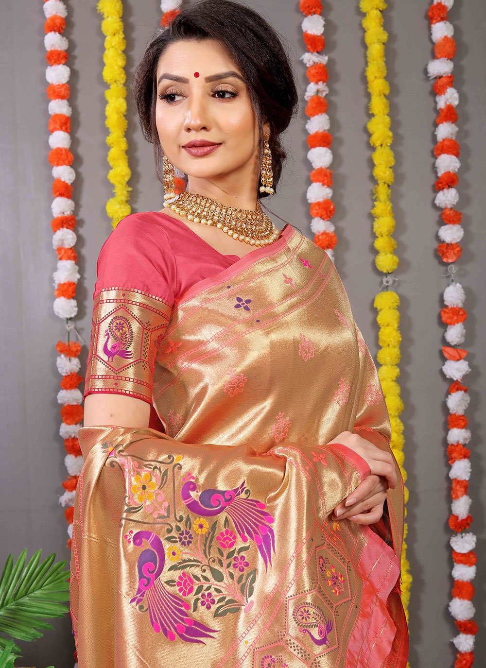 Contemporary Banarasi Silk Peach Weaving Saree