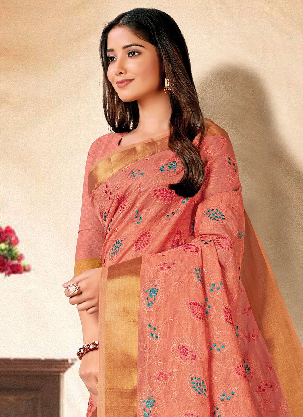 Classic Banarasi Silk Peach Embroidered Saree