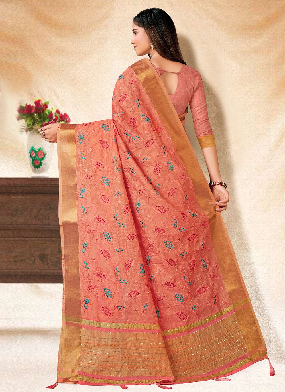 Classic Banarasi Silk Peach Embroidered Saree