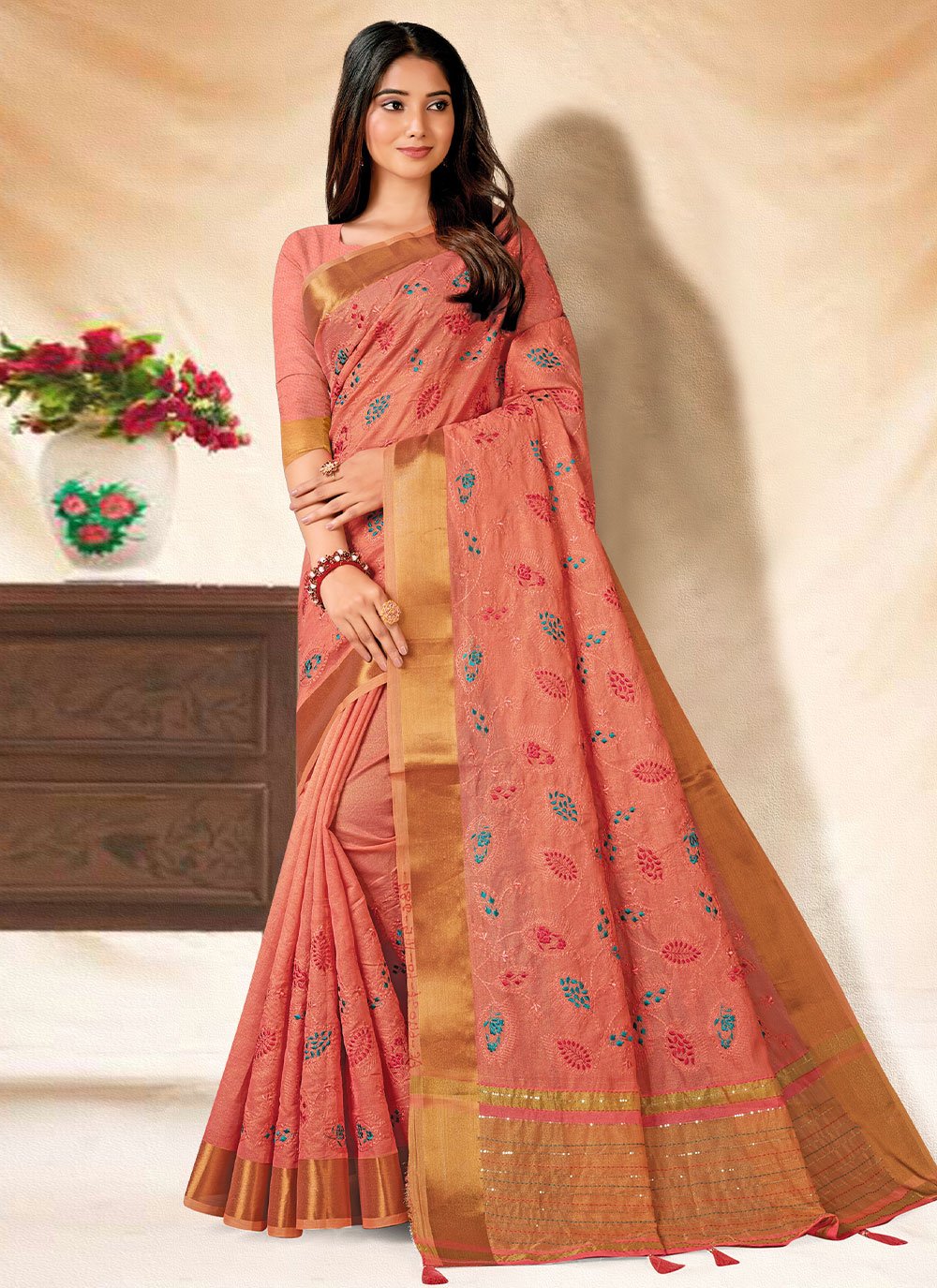 Classic Banarasi Silk Peach Embroidered Saree