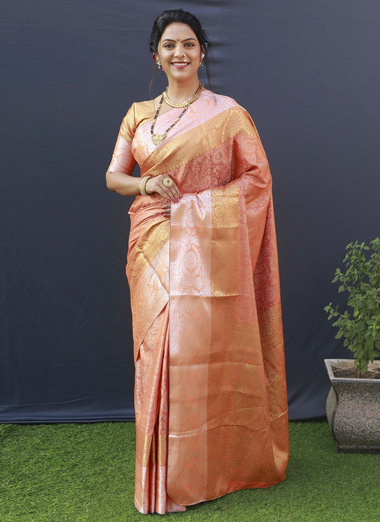 Trendy Saree Banarasi Silk Peach Jacquard Work Saree