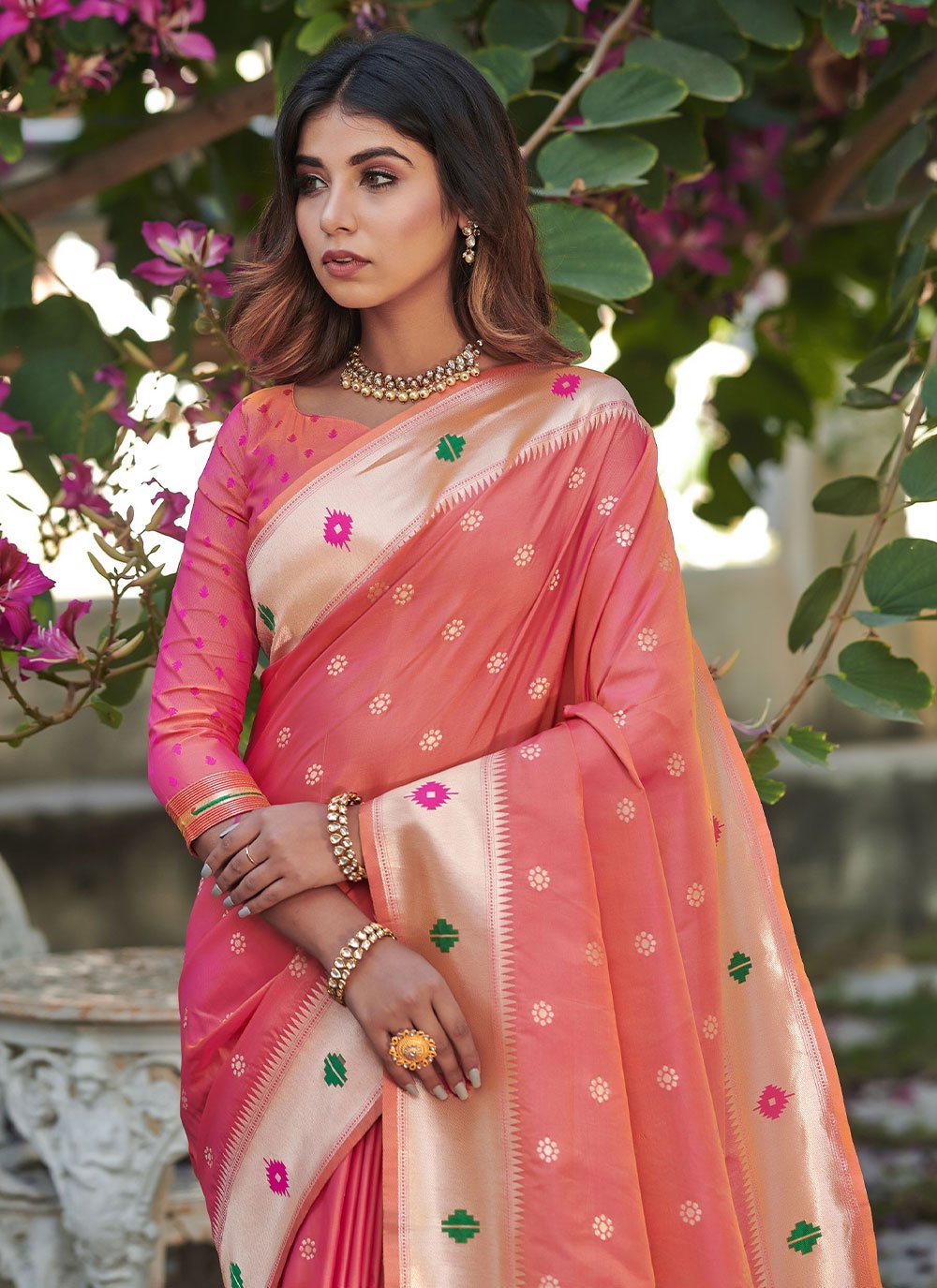 Trendy Saree Banarasi Silk Peach Woven Saree