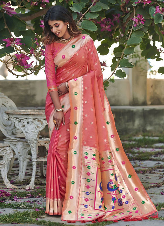 Trendy Saree Banarasi Silk Peach Woven Saree