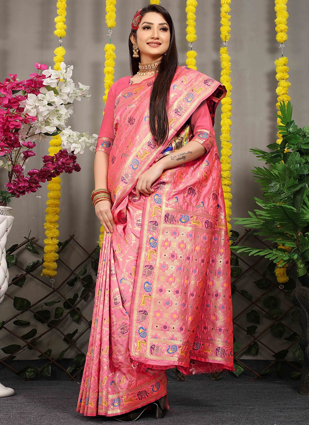 Classic Banarasi Silk Pink Jacquard Work Saree