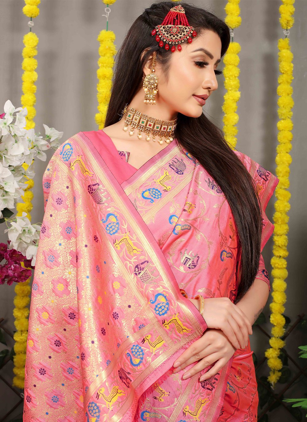 Classic Banarasi Silk Pink Jacquard Work Saree