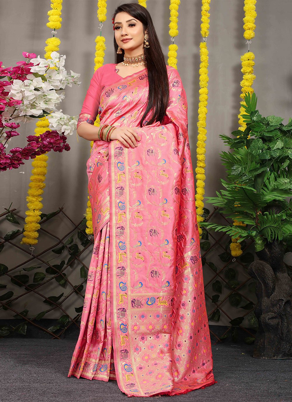 Classic Banarasi Silk Pink Jacquard Work Saree