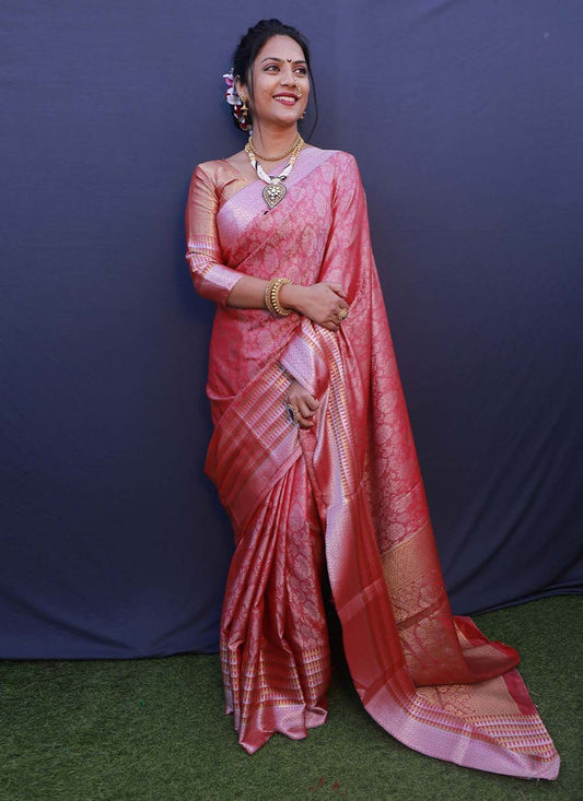 Classic Banarasi Silk Pink Jacquard Work Saree