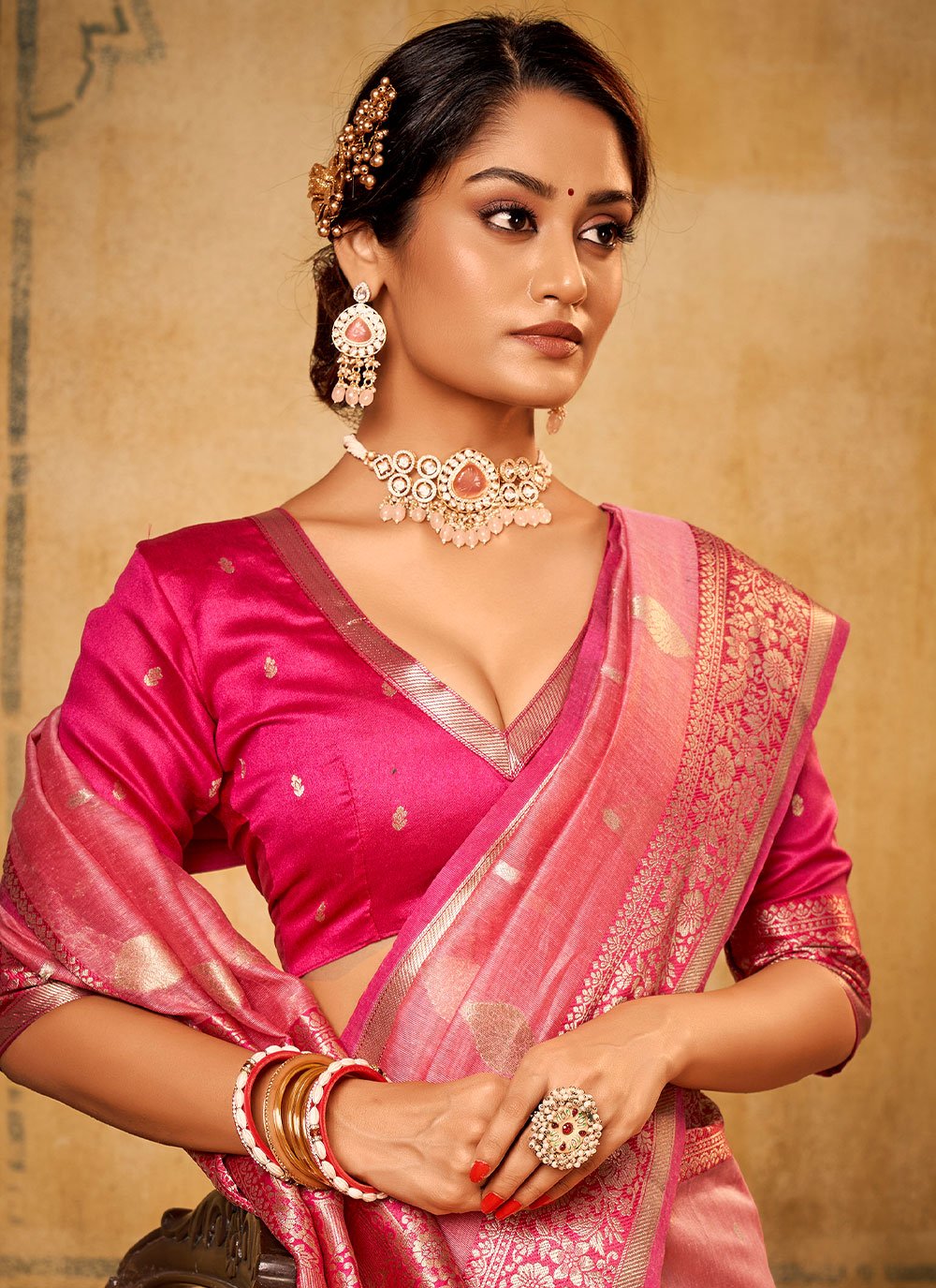 Contemporary Banarasi Silk Tissue Pink Patch Border Saree