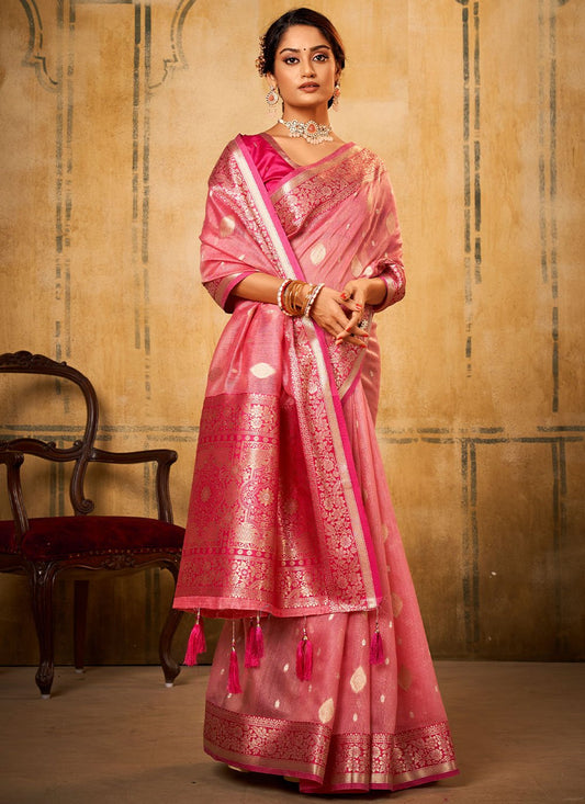 Contemporary Banarasi Silk Tissue Pink Patch Border Saree