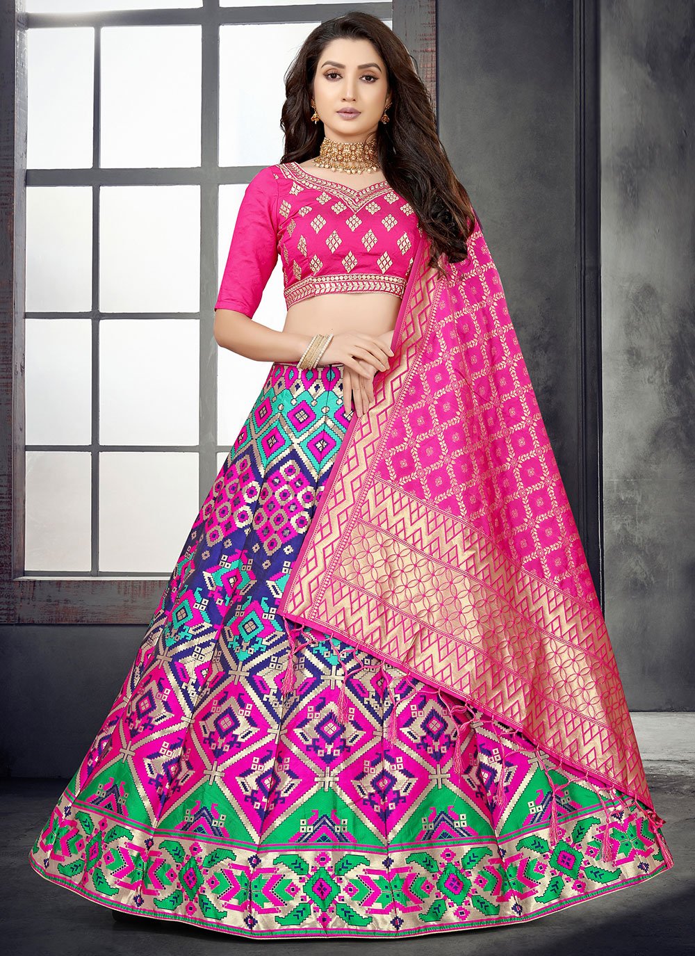 A Line Lehenga Banarasi Silk Rani Mirror Lehenga Choli