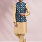 Kurta Payjama With Jacket Banarasi Silk Beige Blue Print Mens