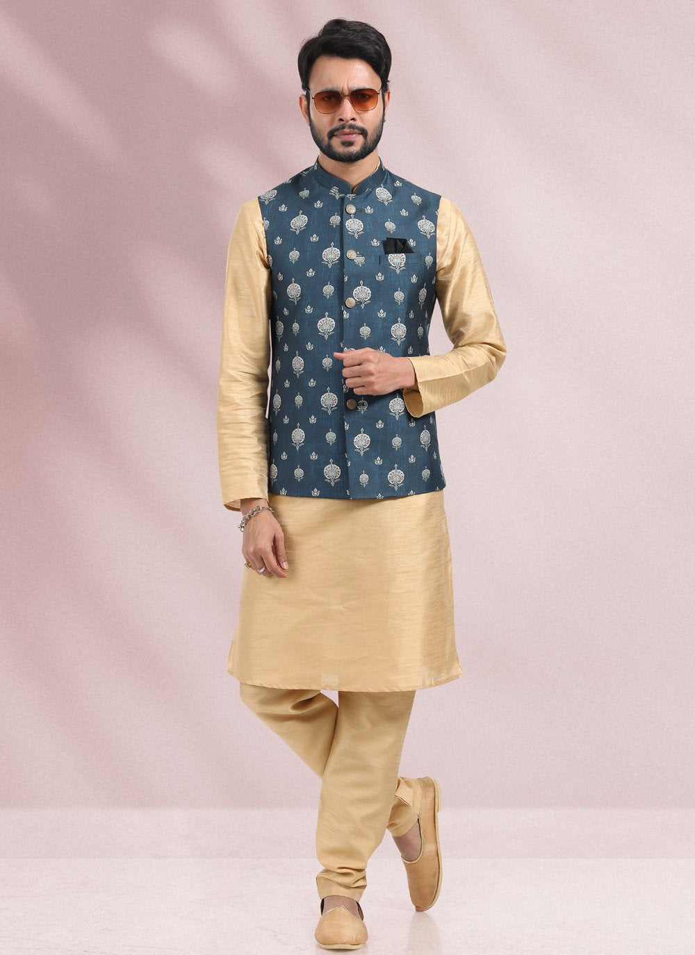 Kurta Payjama With Jacket Banarasi Silk Beige Blue Print Mens