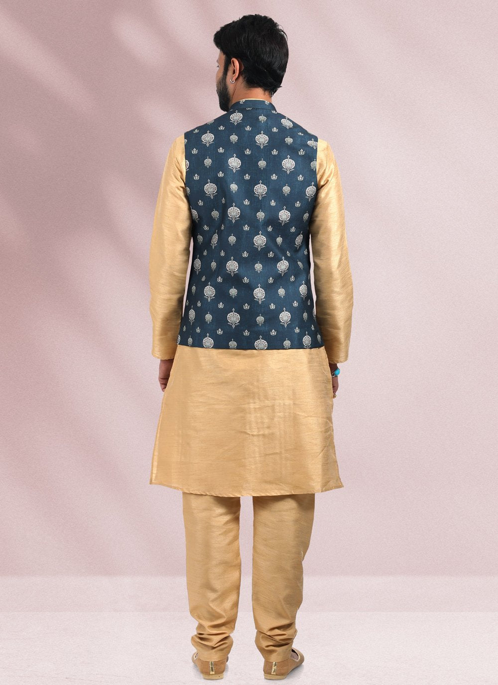 Kurta Payjama With Jacket Banarasi Silk Beige Blue Print Mens