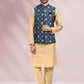 Kurta Payjama With Jacket Banarasi Silk Beige Blue Print Mens